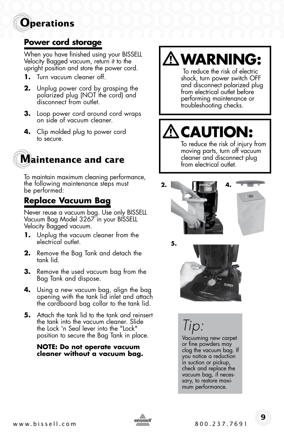 Warning, Caution, Perations | Aintenance and care | Bissell 6221 User Manual | Page 9 / 16