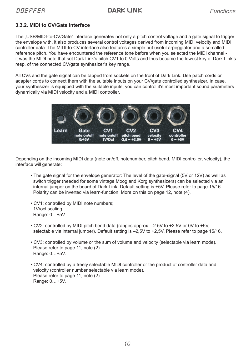 Dark link doepfer, 10 functions | Doepfer Dark Link USB/Midi to CV/Gate Interface User Manual | Page 10 / 20