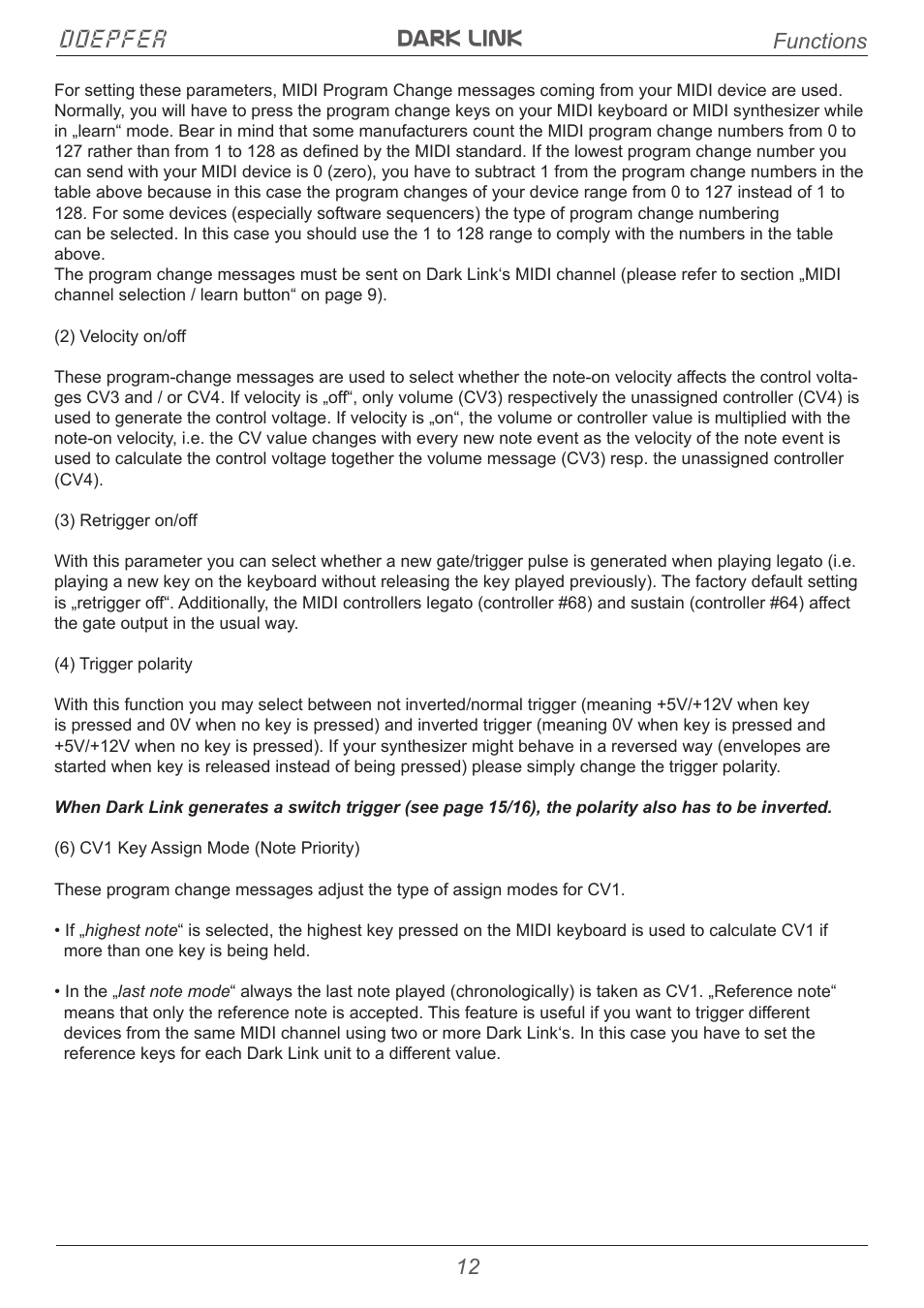 Dark link doepfer, 12 functions | Doepfer Dark Link USB/Midi to CV/Gate Interface User Manual | Page 12 / 20