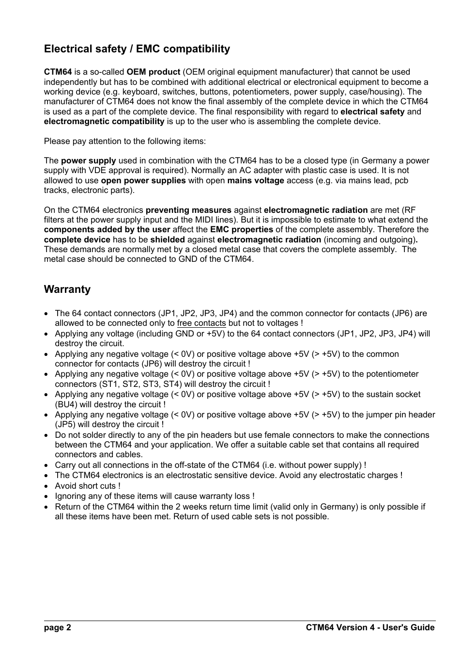 Electrical safety / emc compatibility, Warranty | Doepfer CTM64 Contact to Midi Interface (main board) User Manual | Page 2 / 20