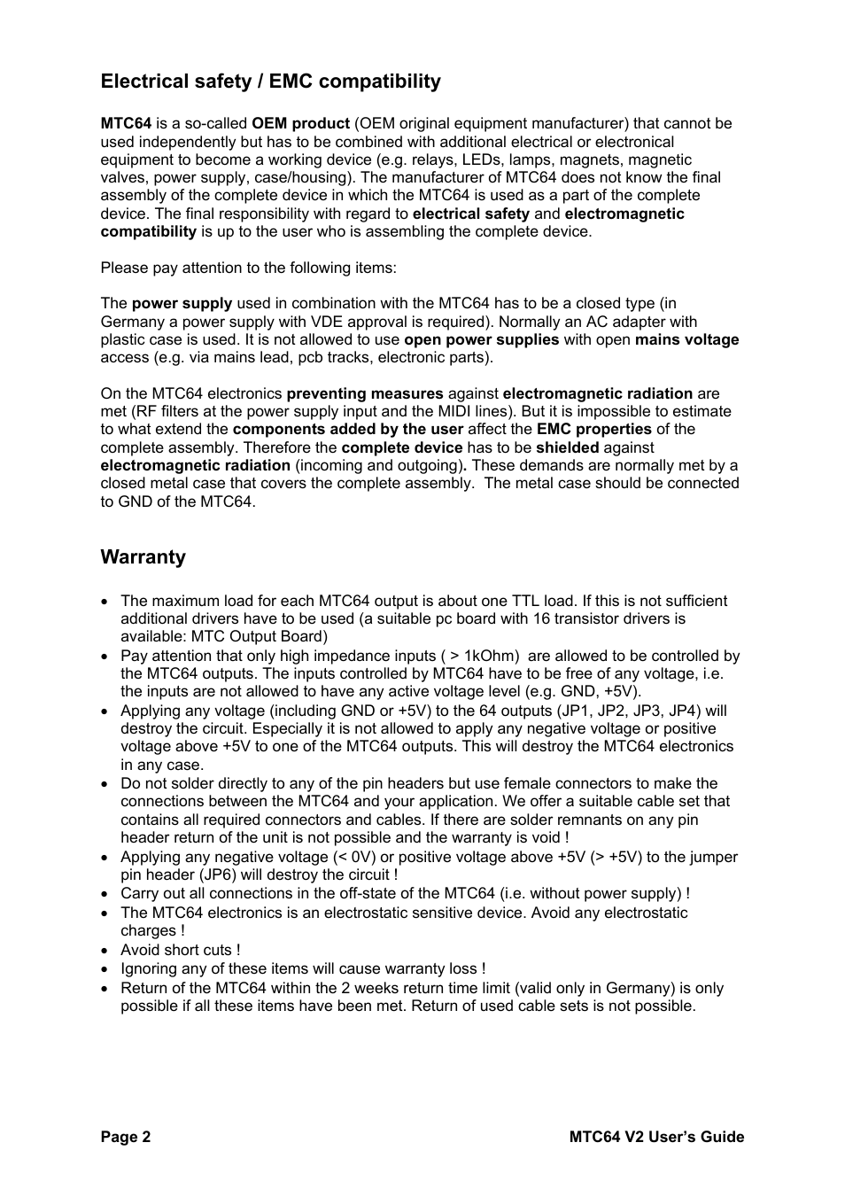 Electrical safety / emc compatibility, Warranty | Doepfer MTC64 Midi to Gate Interface  (main board) User Manual | Page 2 / 16