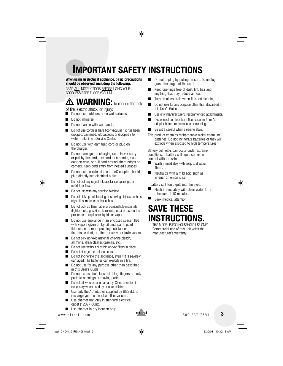 Mportant safety instructions, Warning, Save these instructions | Bissell 21R9 User Manual | Page 3 / 12