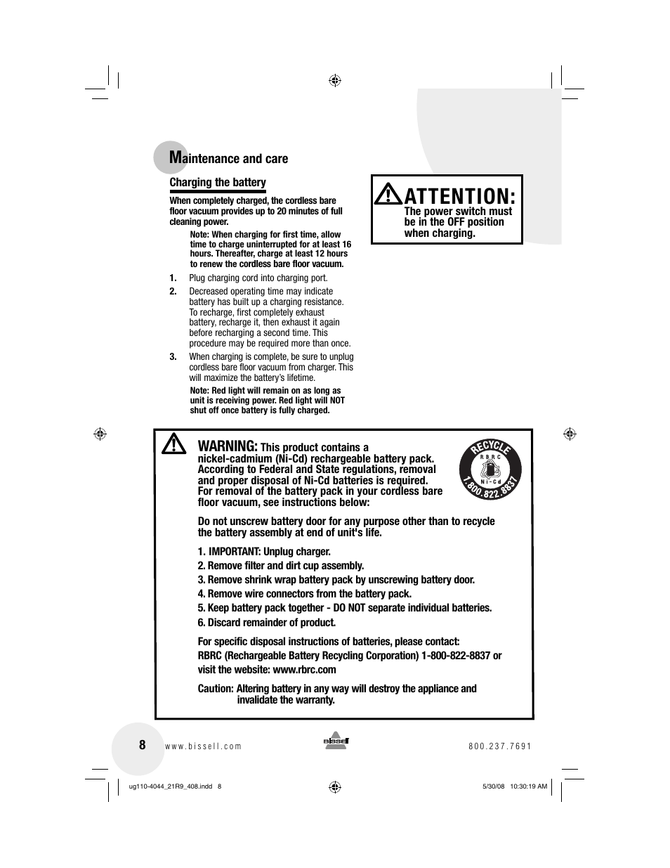 Attention, Warning | Bissell 21R9 User Manual | Page 8 / 12