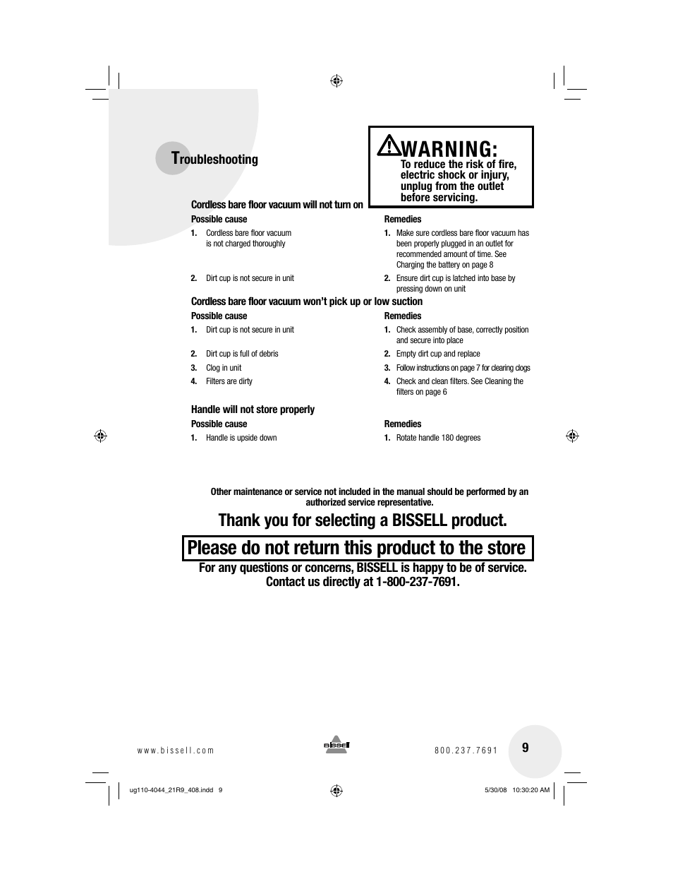 Warning, Please do not return this product to the store, Roubleshooting | Bissell 21R9 User Manual | Page 9 / 12