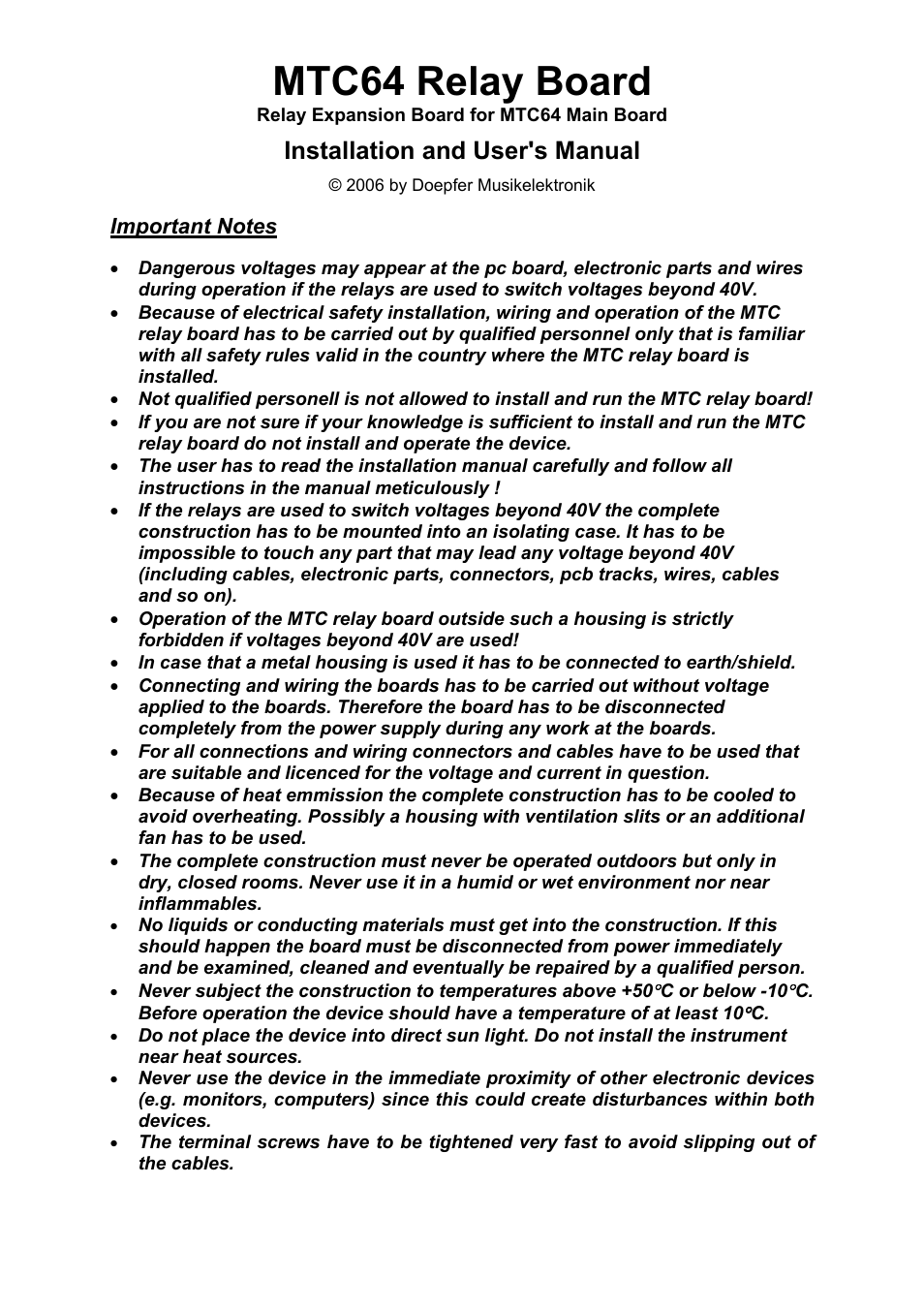Doepfer MTC64 Relay Board User Manual | 8 pages