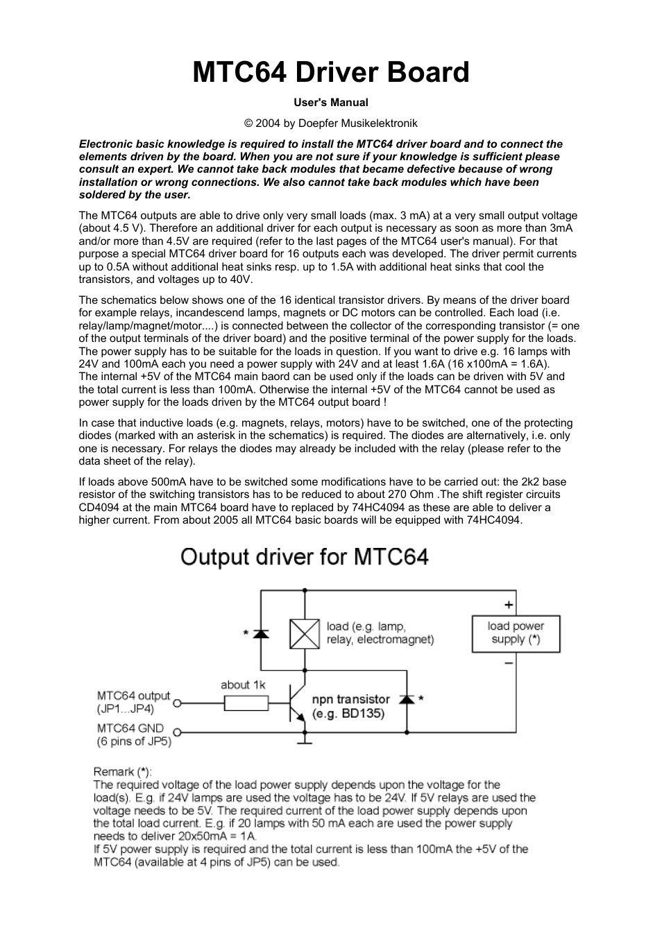 Doepfer MTC64 Output Board (transistor driver board) User Manual | 4 pages