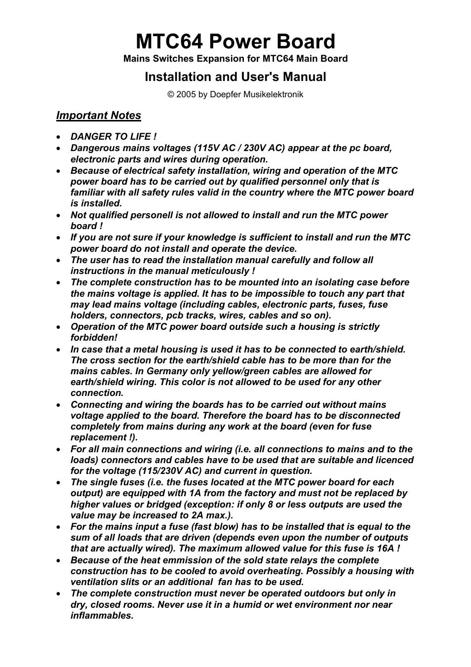 Doepfer MTC64 Power Board User Manual | 8 pages