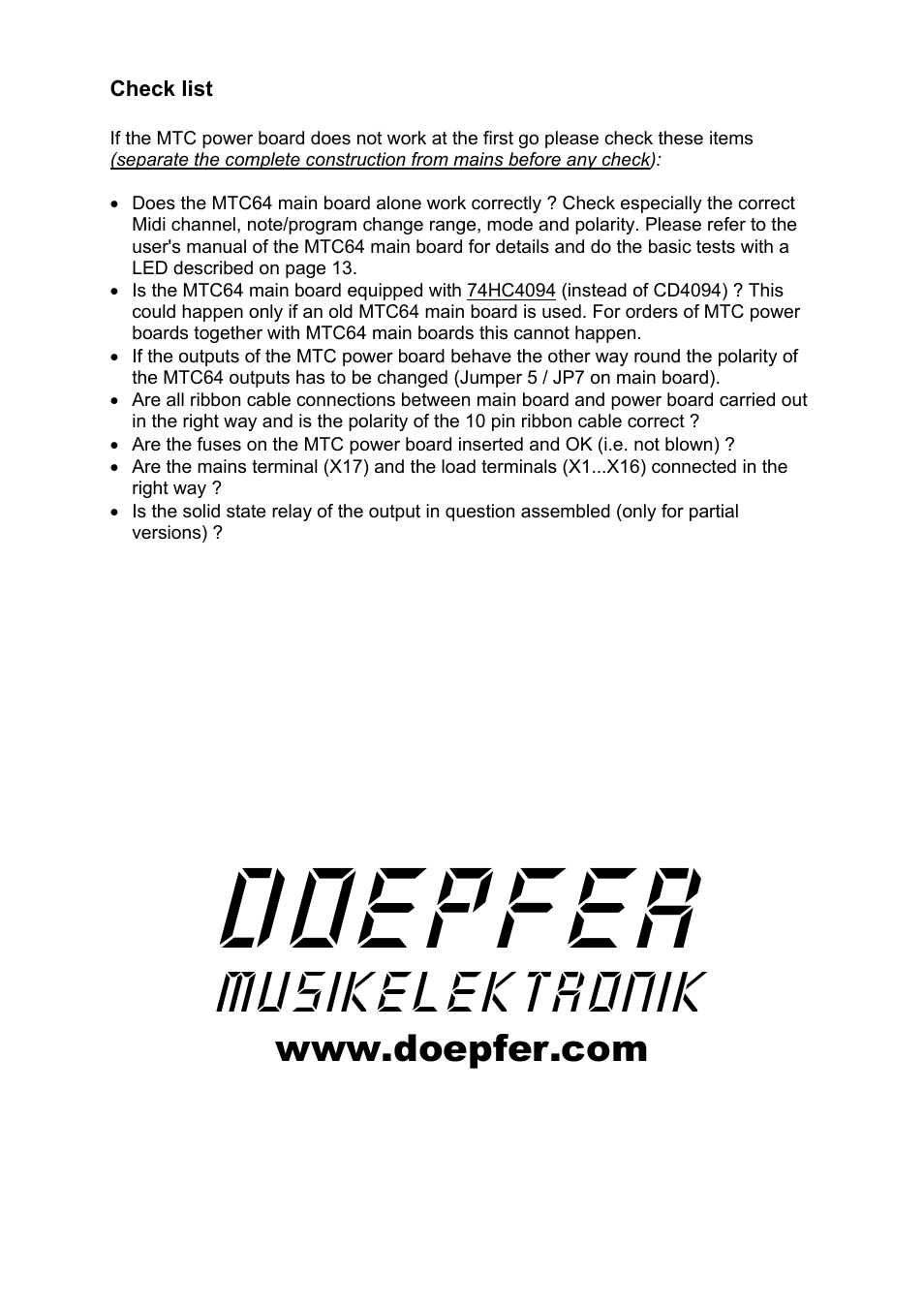 Doepfer, Musikelektronik | Doepfer MTC64 Power Board User Manual | Page 8 / 8