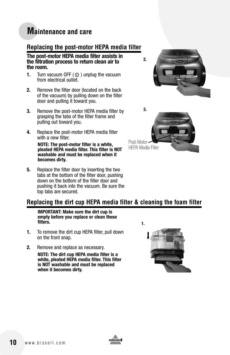 Aintenance and care, Replacing the post-motor hepa media filter | Bissell 33N7 User Manual | Page 10 / 16