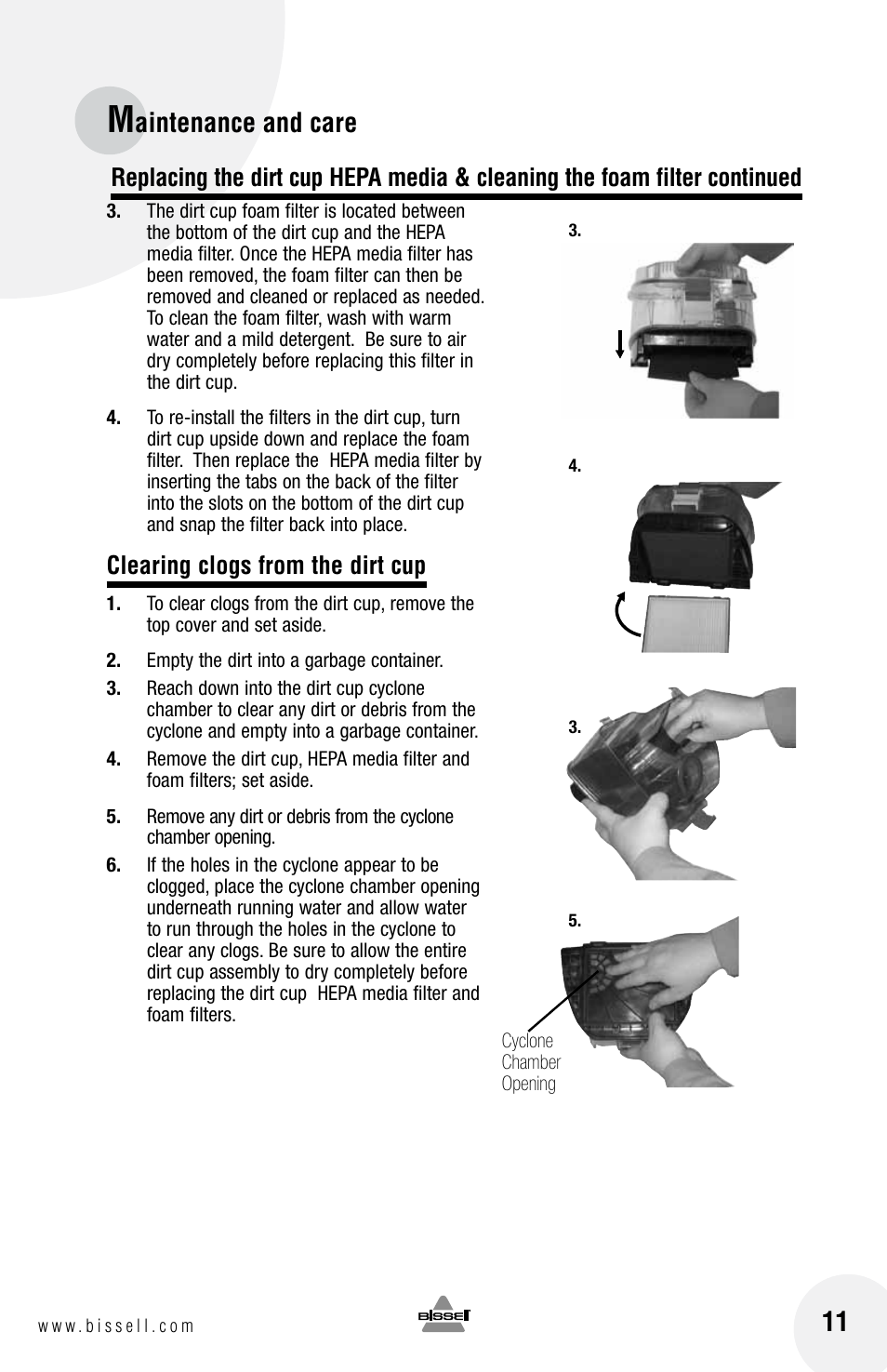 Aintenance and care, Clearing clogs from the dirt cup | Bissell 33N7 User Manual | Page 11 / 16