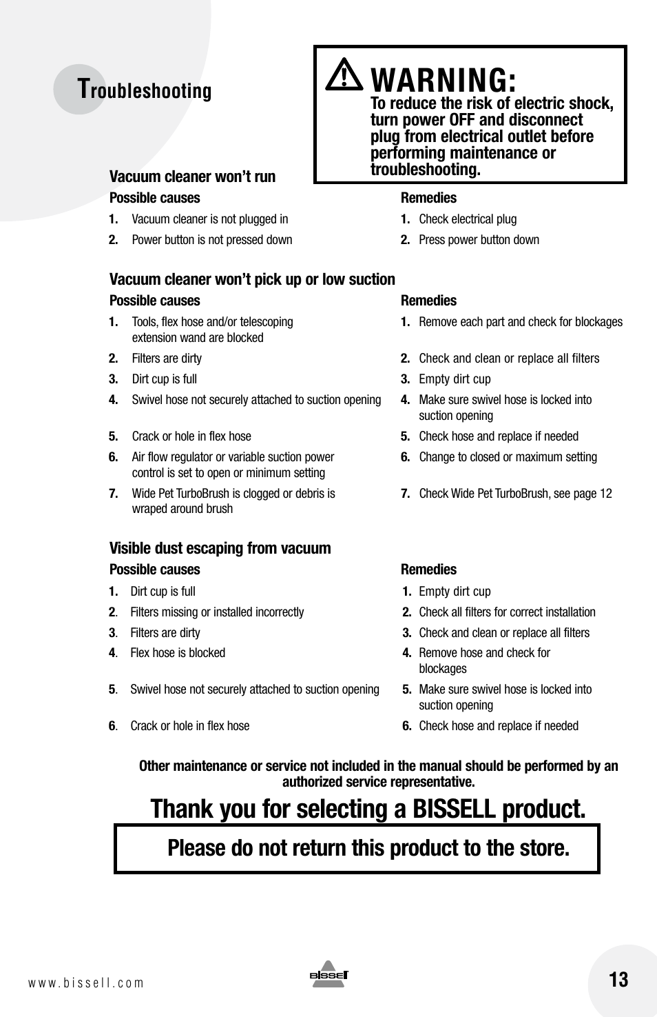 Warning, Please do not return this product to the store, Roubleshooting | Bissell 33N7 User Manual | Page 13 / 16