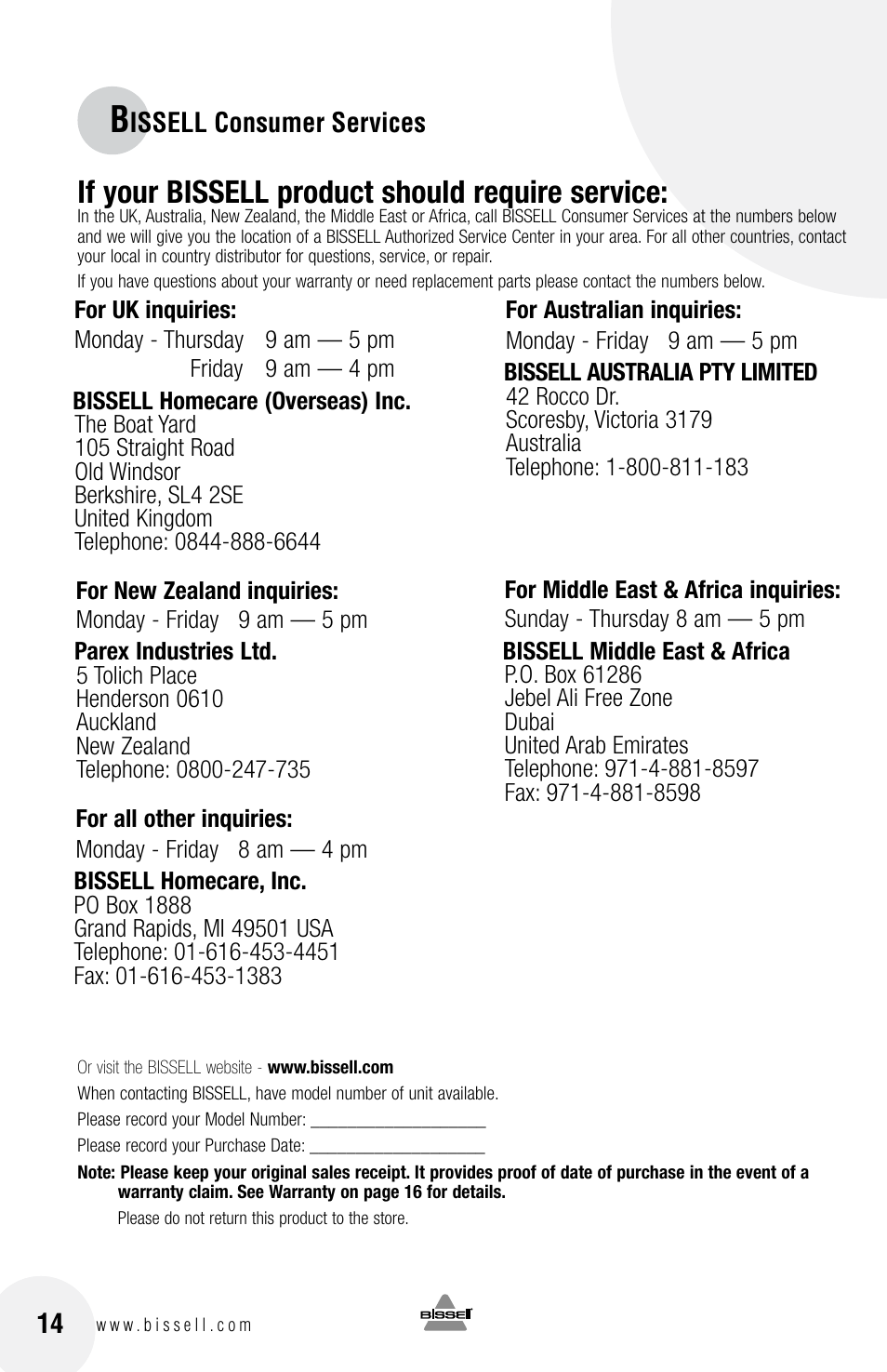 If your bissell product should require service | Bissell 33N7 User Manual | Page 14 / 16