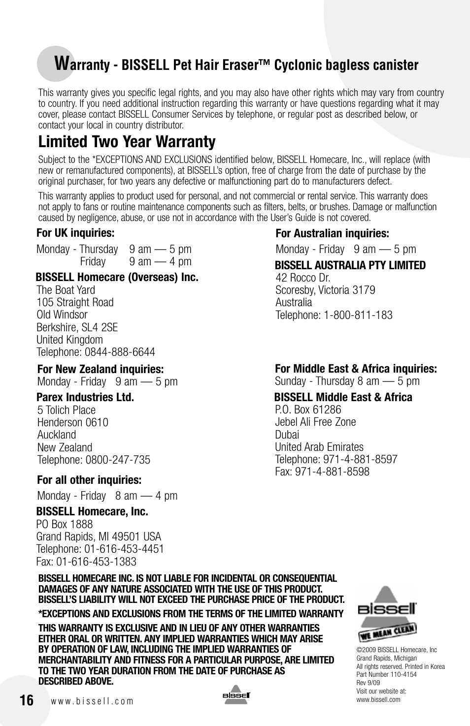 Limited two year warranty | Bissell 33N7 User Manual | Page 16 / 16