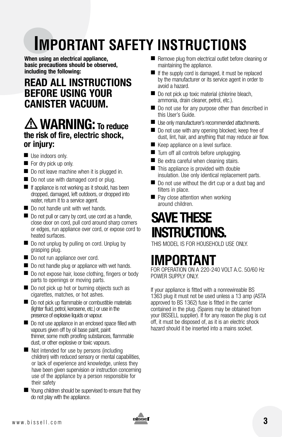 Mportant safety instructions, Warning, Save these instructions | Important | Bissell 33N7 User Manual | Page 3 / 16