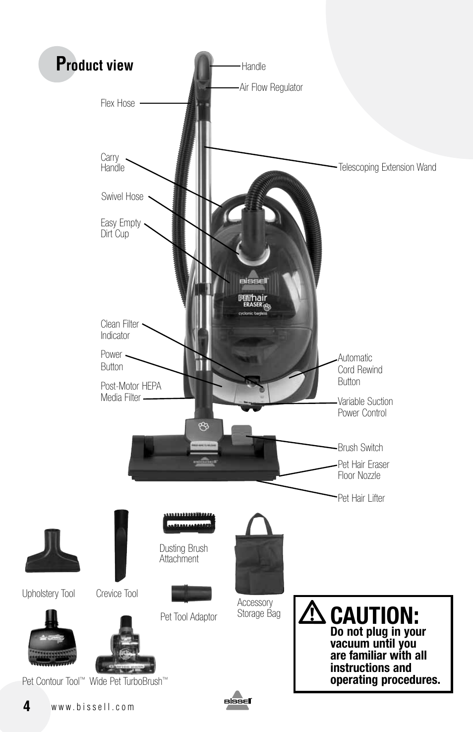 Caution, Roduct view | Bissell 33N7 User Manual | Page 4 / 16