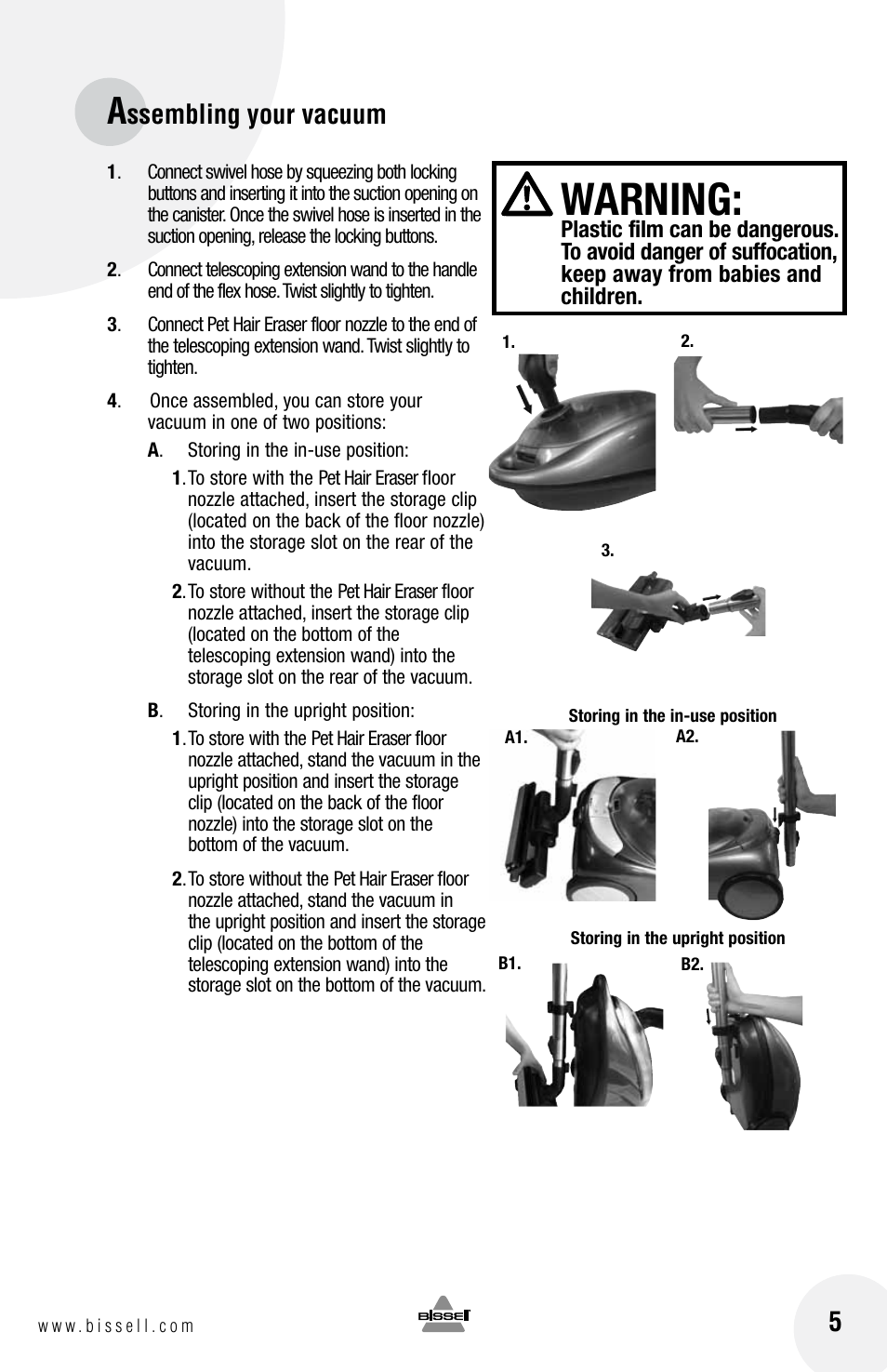 Warning, Ssembling your vacuum | Bissell 33N7 User Manual | Page 5 / 16