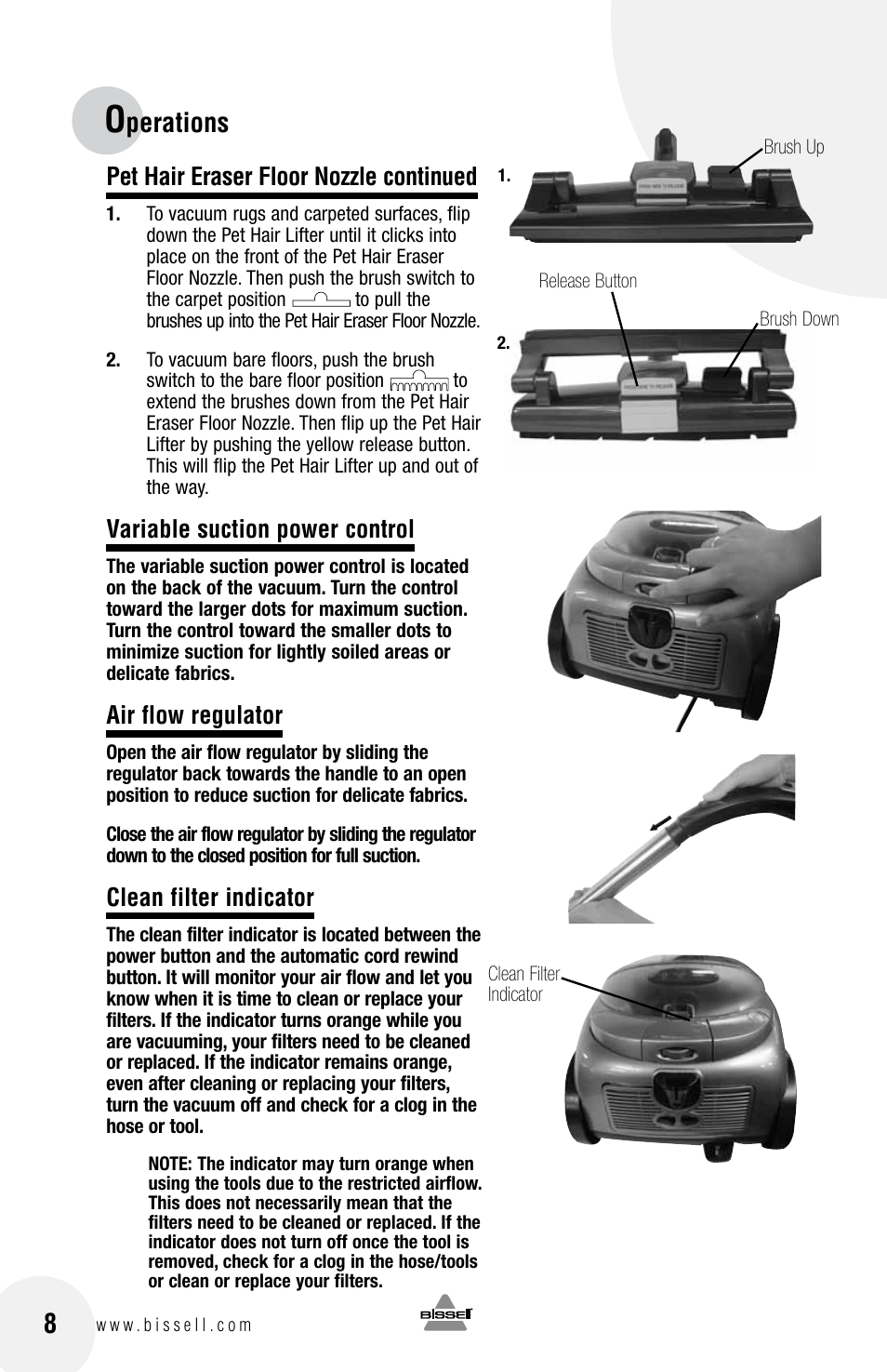 Perations, Pet hair eraser floor nozzle continued, Variable suction power control | Air flow regulator, Clean filter indicator | Bissell 33N7 User Manual | Page 8 / 16