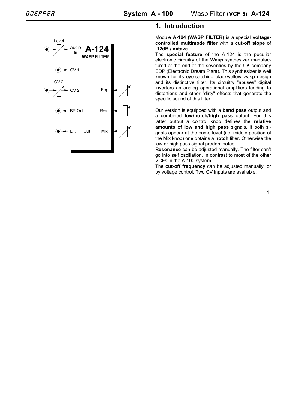 System a - 100 wasp filter, A-124, Introduction | Doepfer | Doepfer A-100(~ 40 MB) User Manual | Page 285 / 744