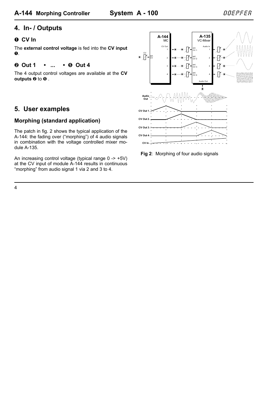 A-144, System a - 100, In- / outputs | User examples, Doepfer, Morphing controller, Cv in, Out 1 • ... • % out 4, Morphing (standard application) | Doepfer A-100(~ 40 MB) User Manual | Page 430 / 744