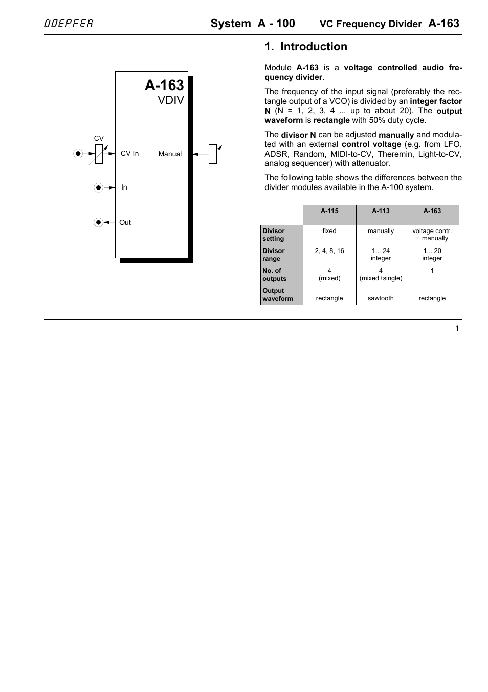 System a - 100, A-163, Introduction | Vdiv, Doepfer, Vc frequency divider | Doepfer A-100(~ 40 MB) User Manual | Page 547 / 744