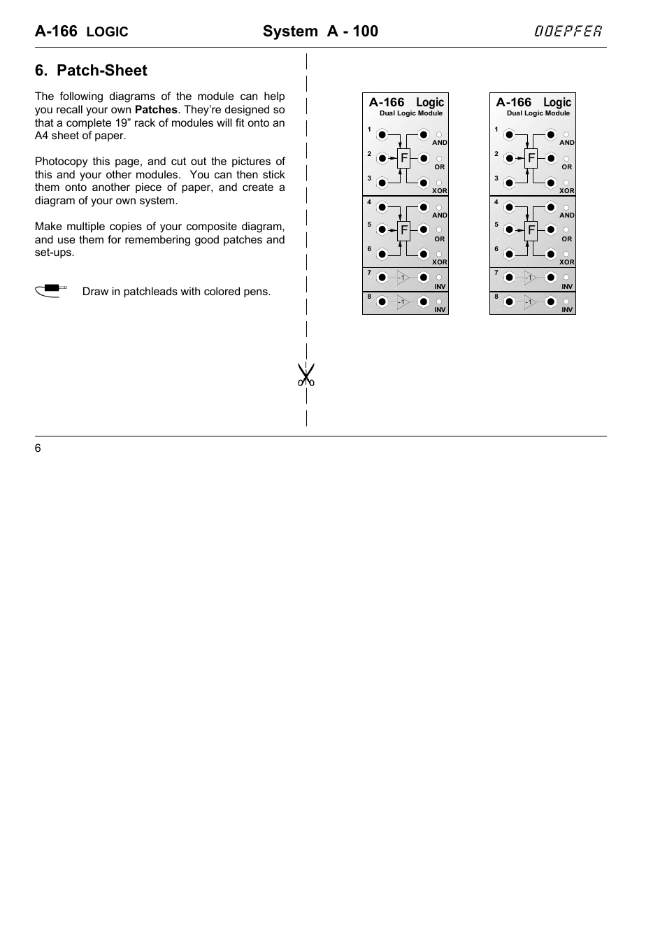 A-166, System a - 100, Patch-sheet | Doepfer, Logic, A-166 logic, Draw in patchleads with colored pens | Doepfer A-100(~ 40 MB) User Manual | Page 562 / 744