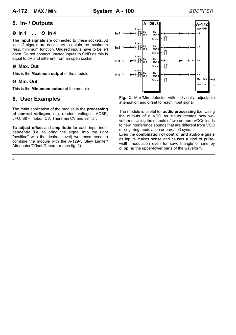 A-172, System a - 100, In- / outputs | User examples, Doepfer, Max / min, Max. out, Min. out | Doepfer A-100(~ 40 MB) User Manual | Page 586 / 744