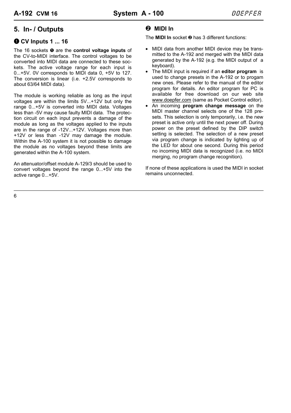 A-192, System a - 100, In- / outputs | Doepfer A-100(~ 40 MB) User Manual | Page 716 / 744