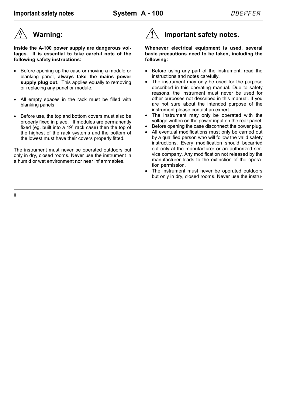 Warning | Doepfer A-100NT5 +5V Power Supply User Manual | Page 2 / 46