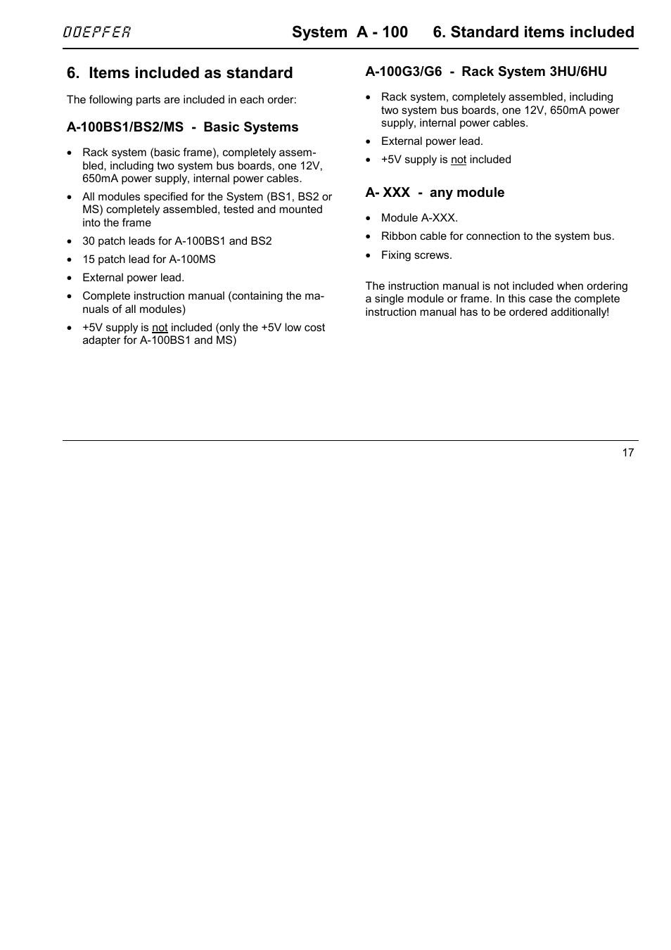 System a - 100 6. standard items included, Items included as standard, Doepfer | Doepfer A-100NT5 +5V Power Supply User Manual | Page 23 / 46