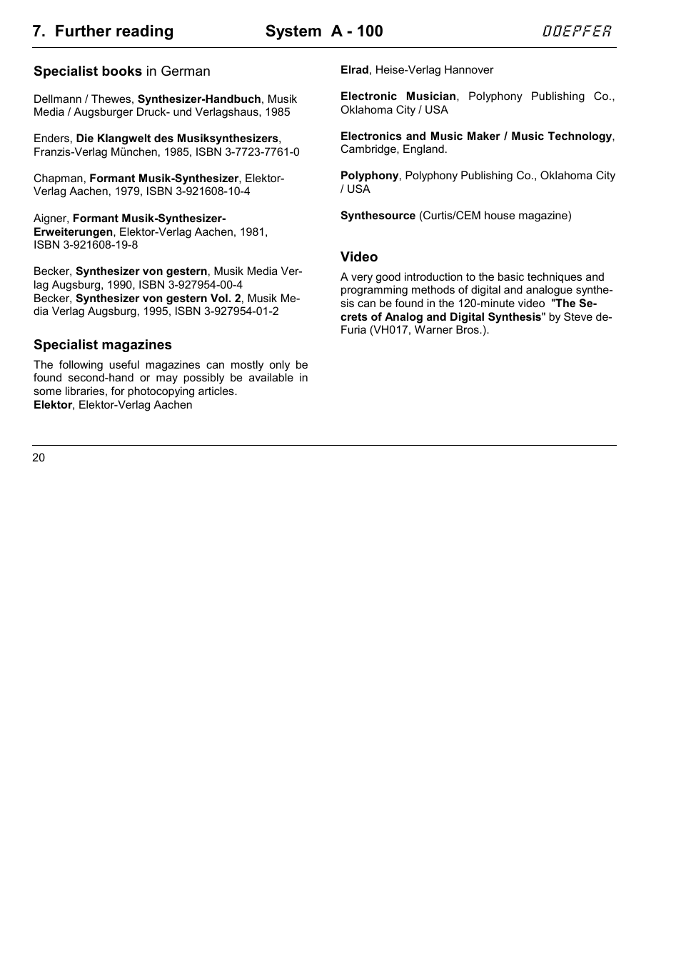 Further reading system a - 100, Doepfer | Doepfer A-100NT5 +5V Power Supply User Manual | Page 26 / 46