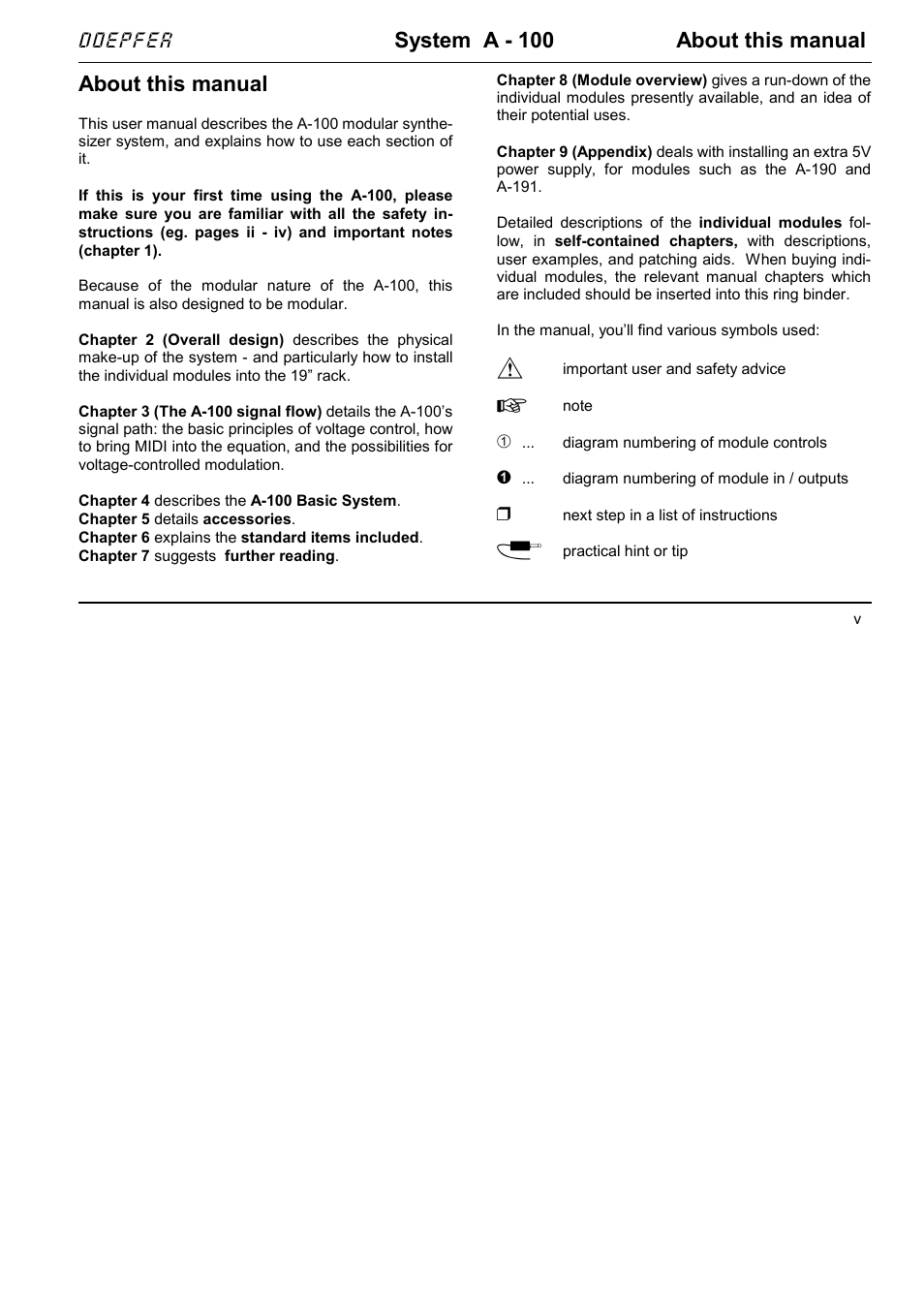 About this manual, System a - 100 about this manual, Doepfer | Doepfer A-100NT5 +5V Power Supply User Manual | Page 5 / 46