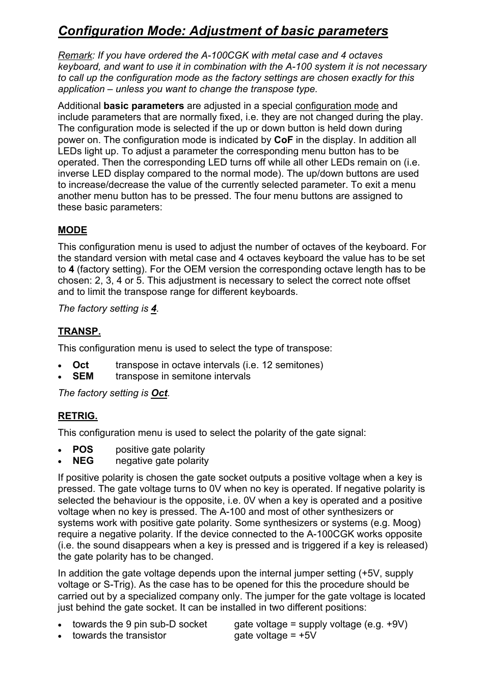 Configuration mode: adjustment of basic parameters | Doepfer A-100CGK CV/Gate keyboard User Manual | Page 10 / 12