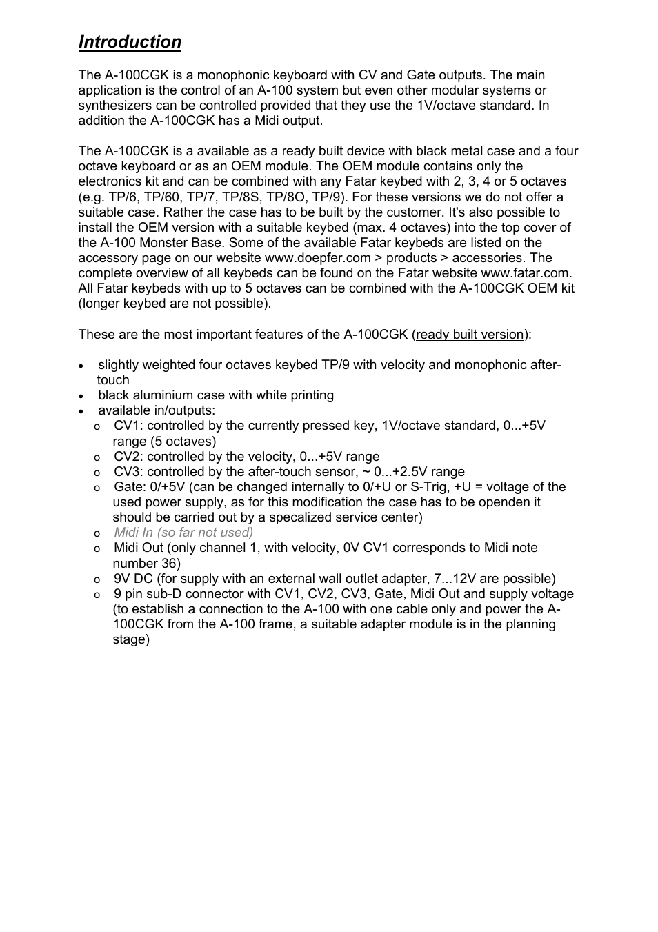 Introduction | Doepfer A-100CGK CV/Gate keyboard User Manual | Page 3 / 12