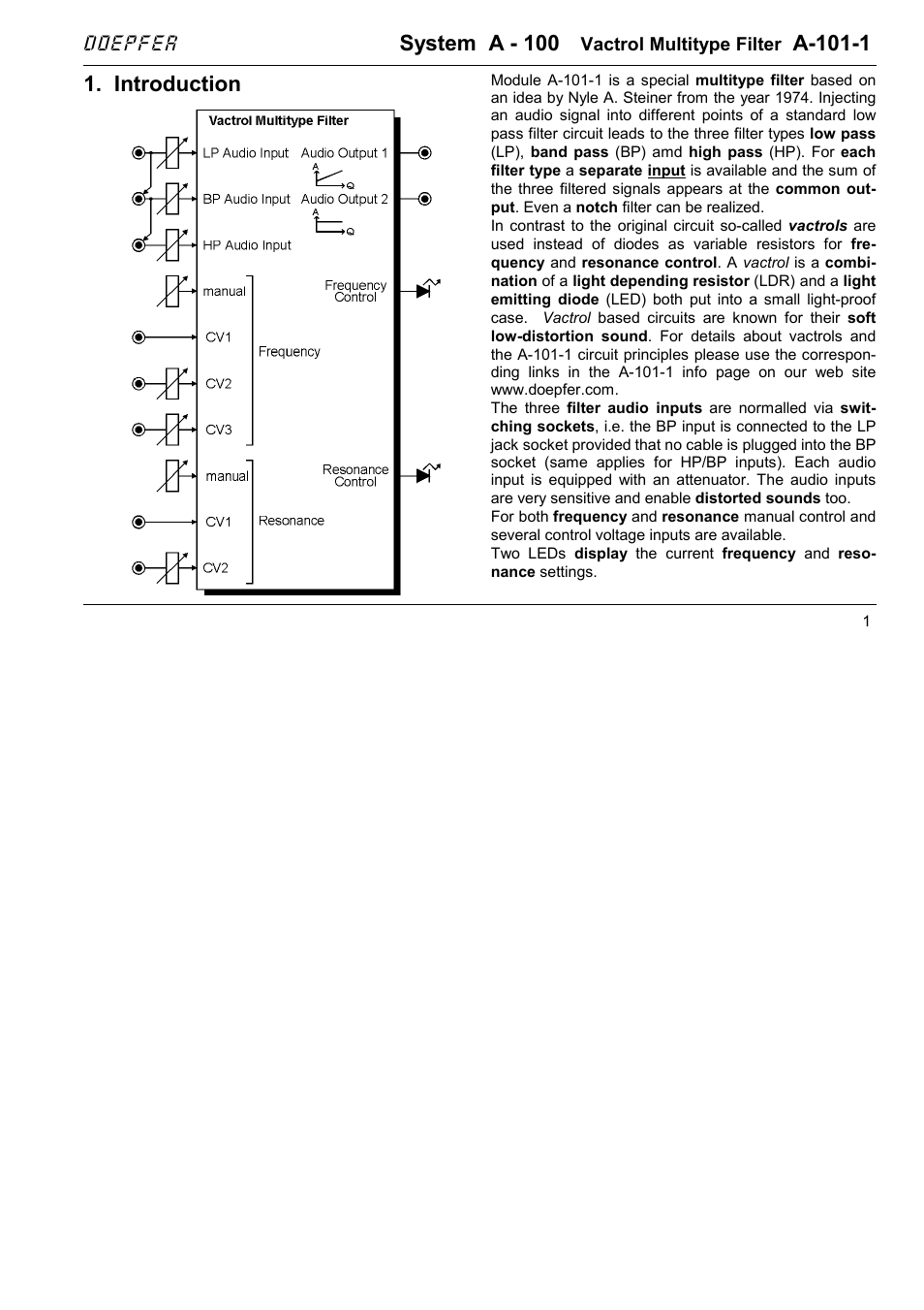 Doepfer A-101-1 Vactrol Steiner Filter User Manual | 6 pages