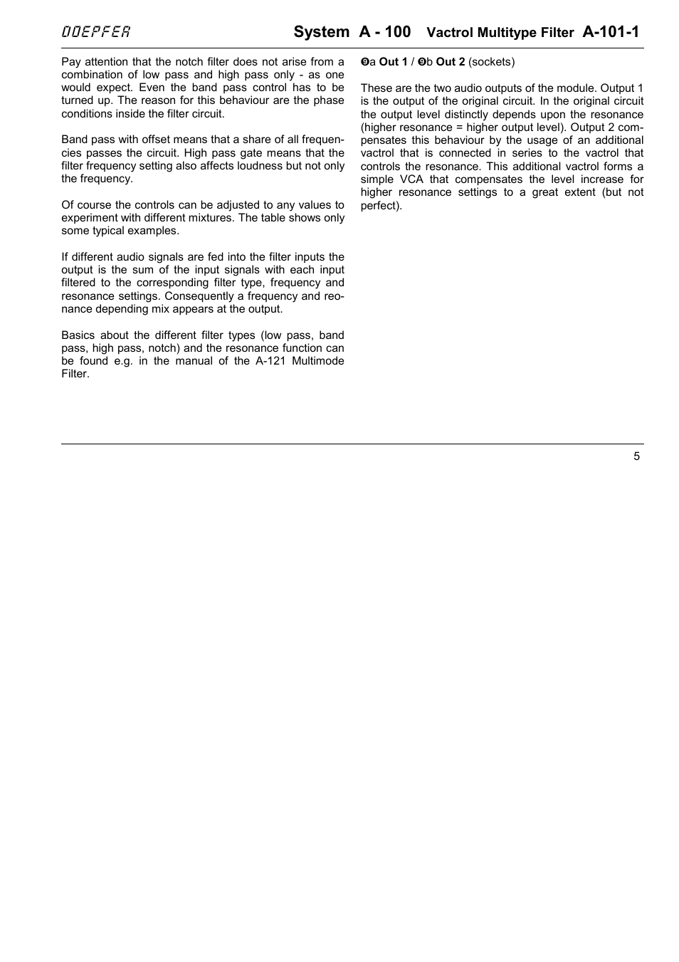 System a - 100, A-101-1, Doepfer | Doepfer A-101-1 Vactrol Steiner Filter User Manual | Page 5 / 6