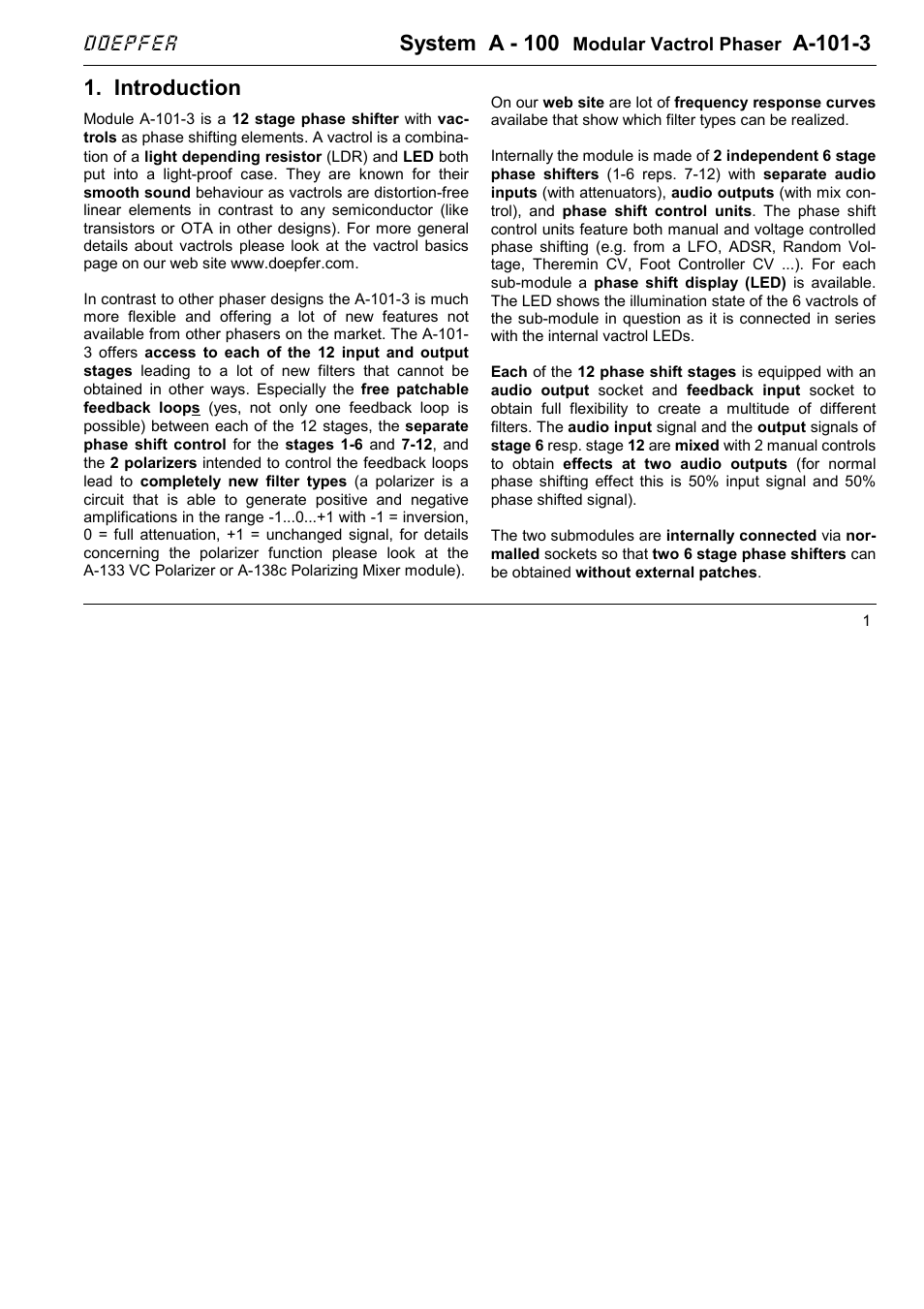 Doepfer A-101-3 Vactrol Modular Phase Filter User Manual | 10 pages