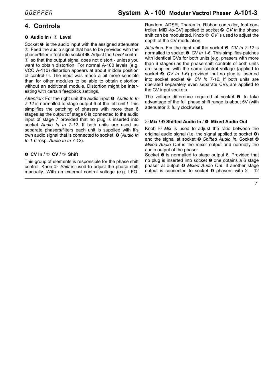 System a - 100, A-101-3, Controls | Doepfer | Doepfer A-101-3 Vactrol Modular Phase Filter User Manual | Page 7 / 10