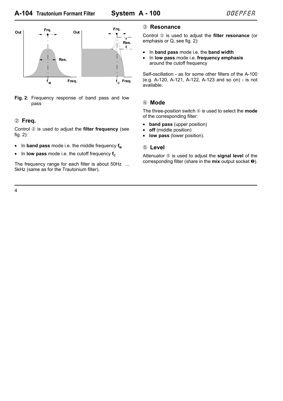 A-104, System a - 100, Doepfer | Trautonium formant filter, 2freq, 3resonance, 4mode, 5level | Doepfer A-104 four-fold Trautonium Formant Filter User Manual | Page 4 / 6