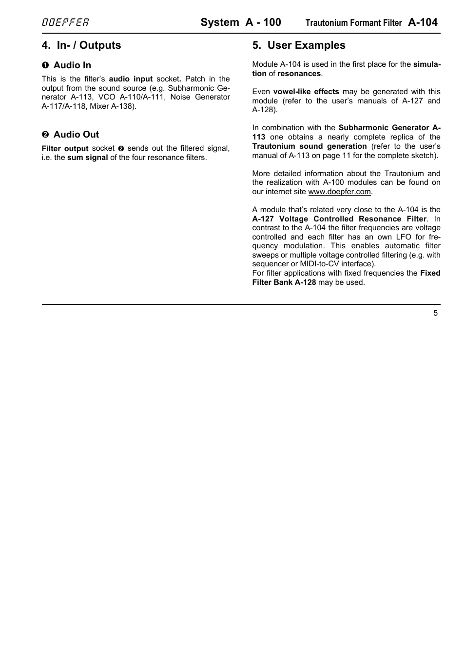 System a - 100, A-104, In- / outputs | User examples | Doepfer A-104 four-fold Trautonium Formant Filter User Manual | Page 5 / 6