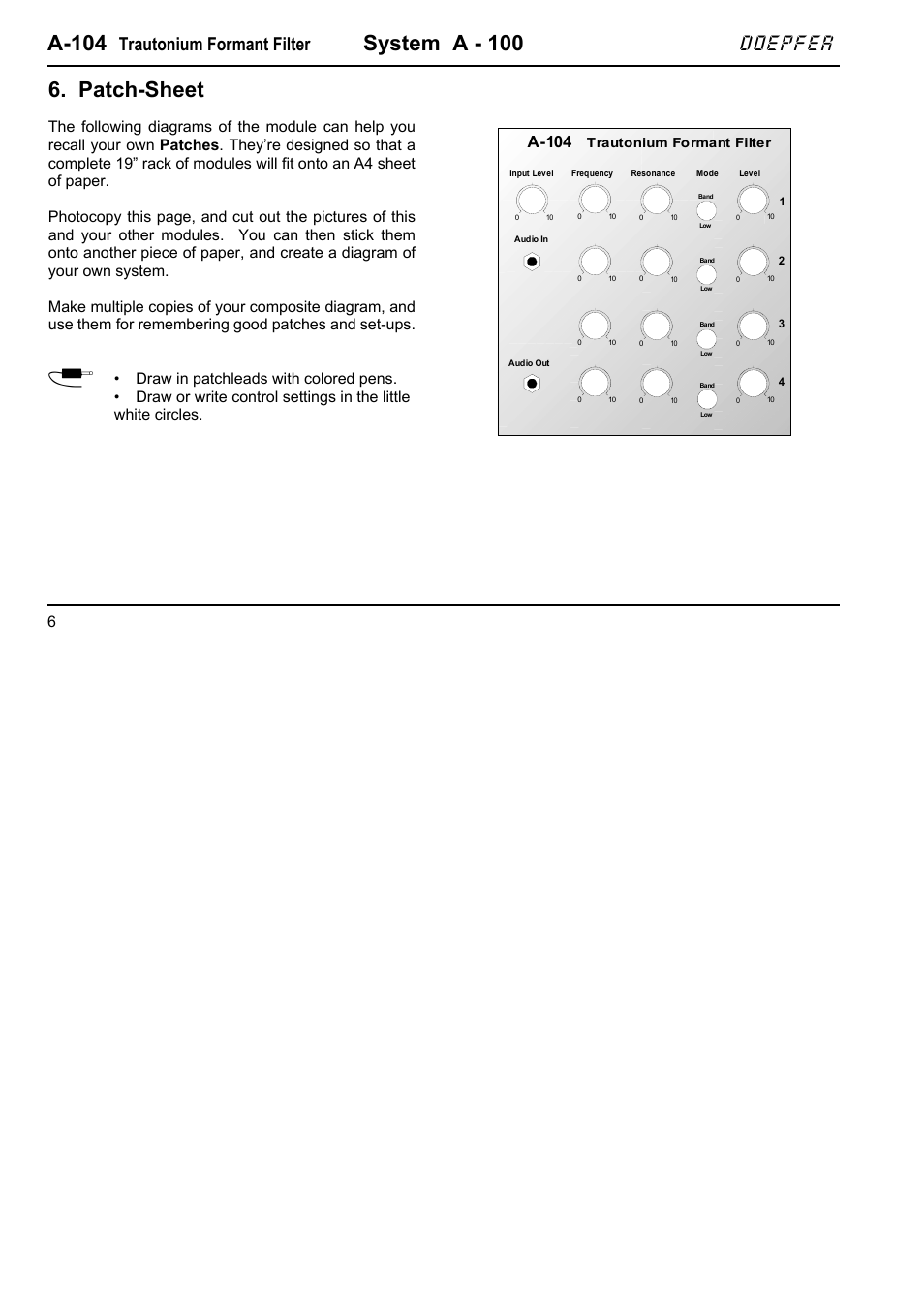 A-104, System a - 100, Patch-sheet | Doepfer, Trautonium formant filter | Doepfer A-104 four-fold Trautonium Formant Filter User Manual | Page 6 / 6