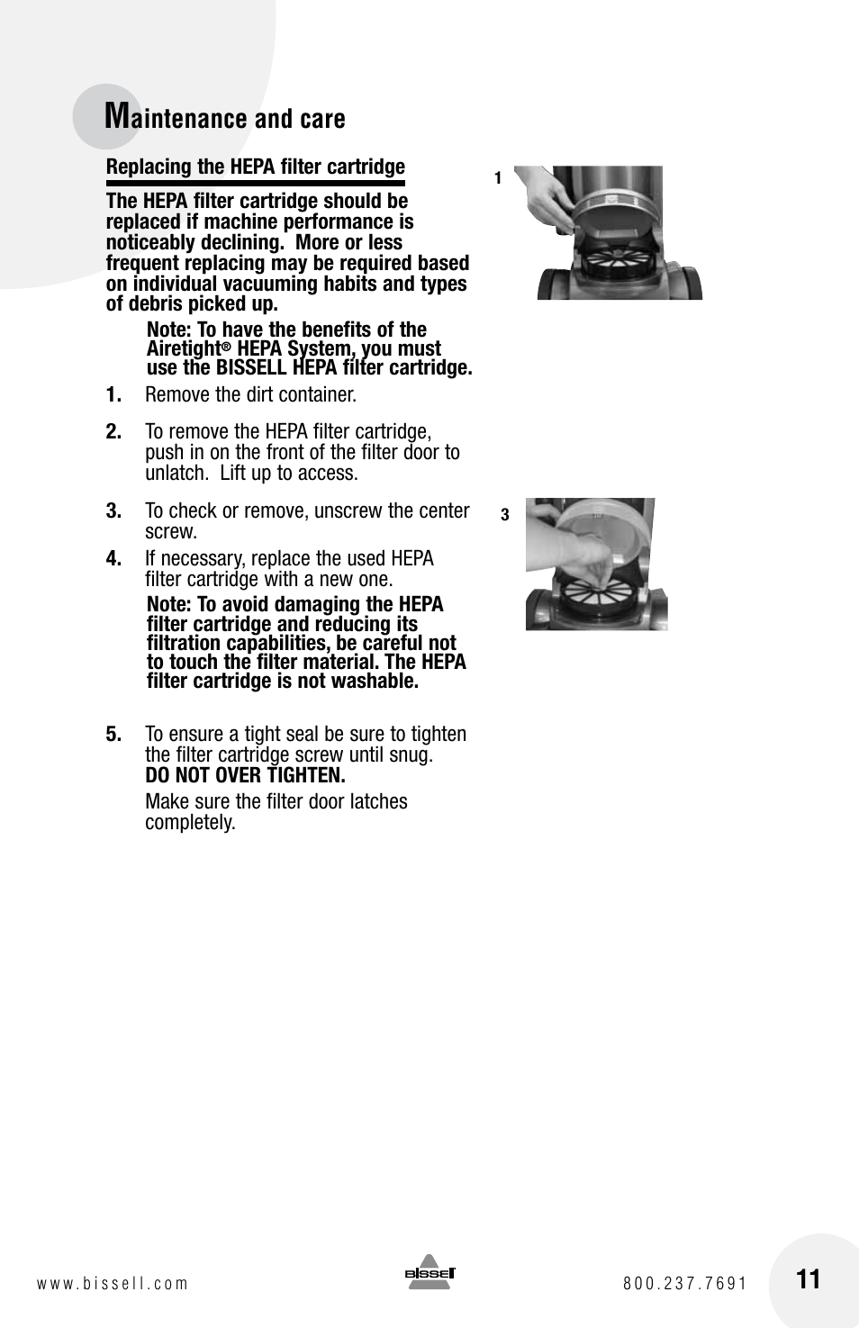 Aintenance and care | Bissell 16N5 User Manual | Page 11 / 20