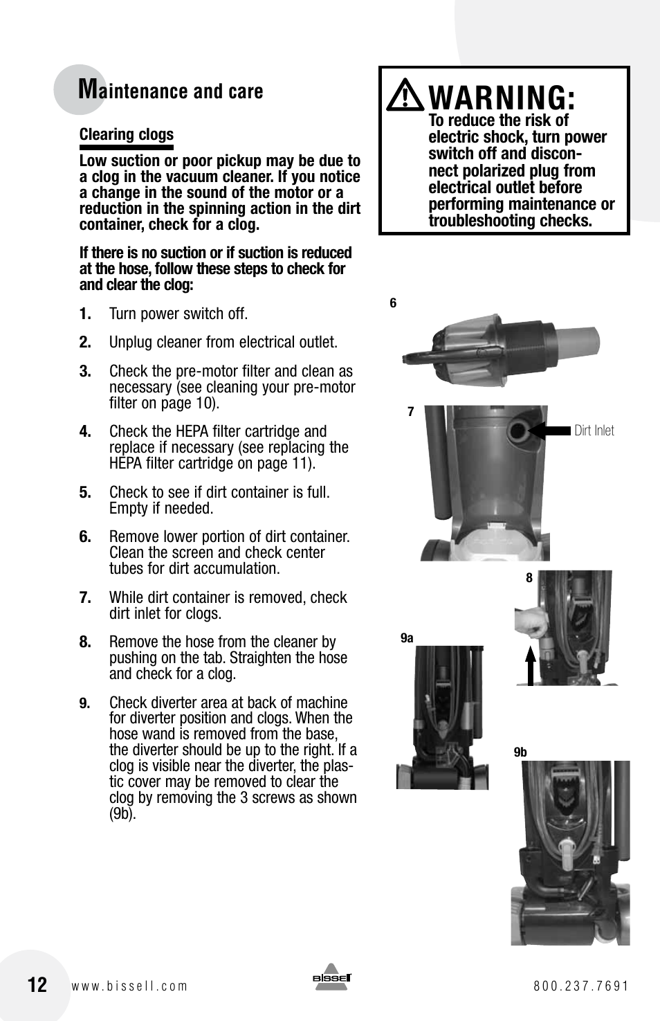 Warning, Aintenance and care 12 | Bissell 16N5 User Manual | Page 12 / 20
