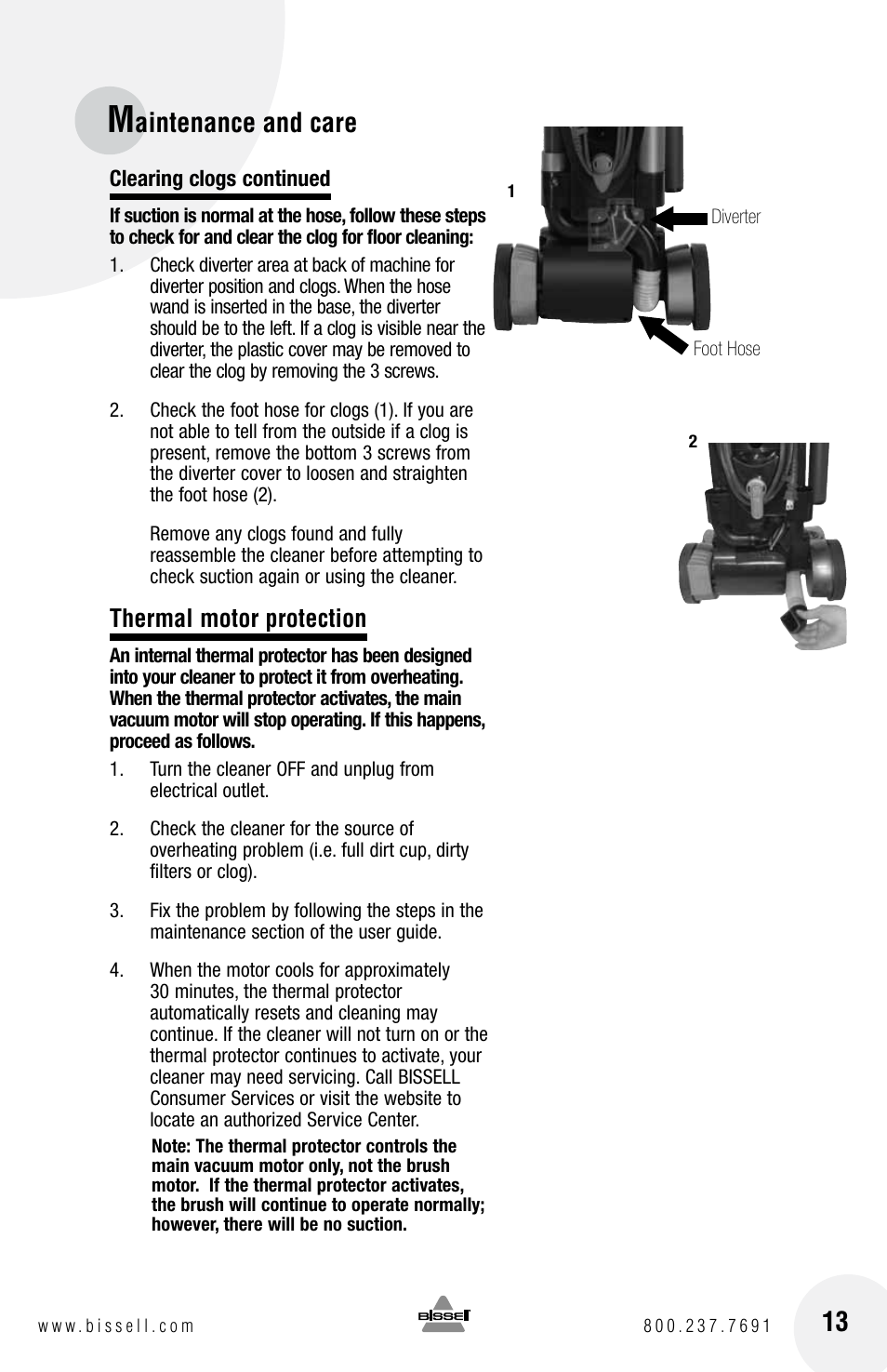 Aintenance and care, Thermal motor protection | Bissell 16N5 User Manual | Page 13 / 20
