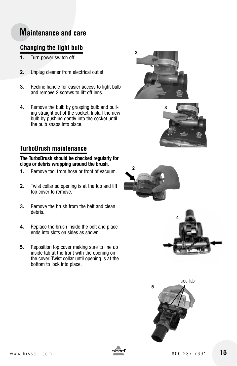 Aintenance and care, Changing the light bulb, Turbobrush maintenance | Bissell 16N5 User Manual | Page 15 / 20