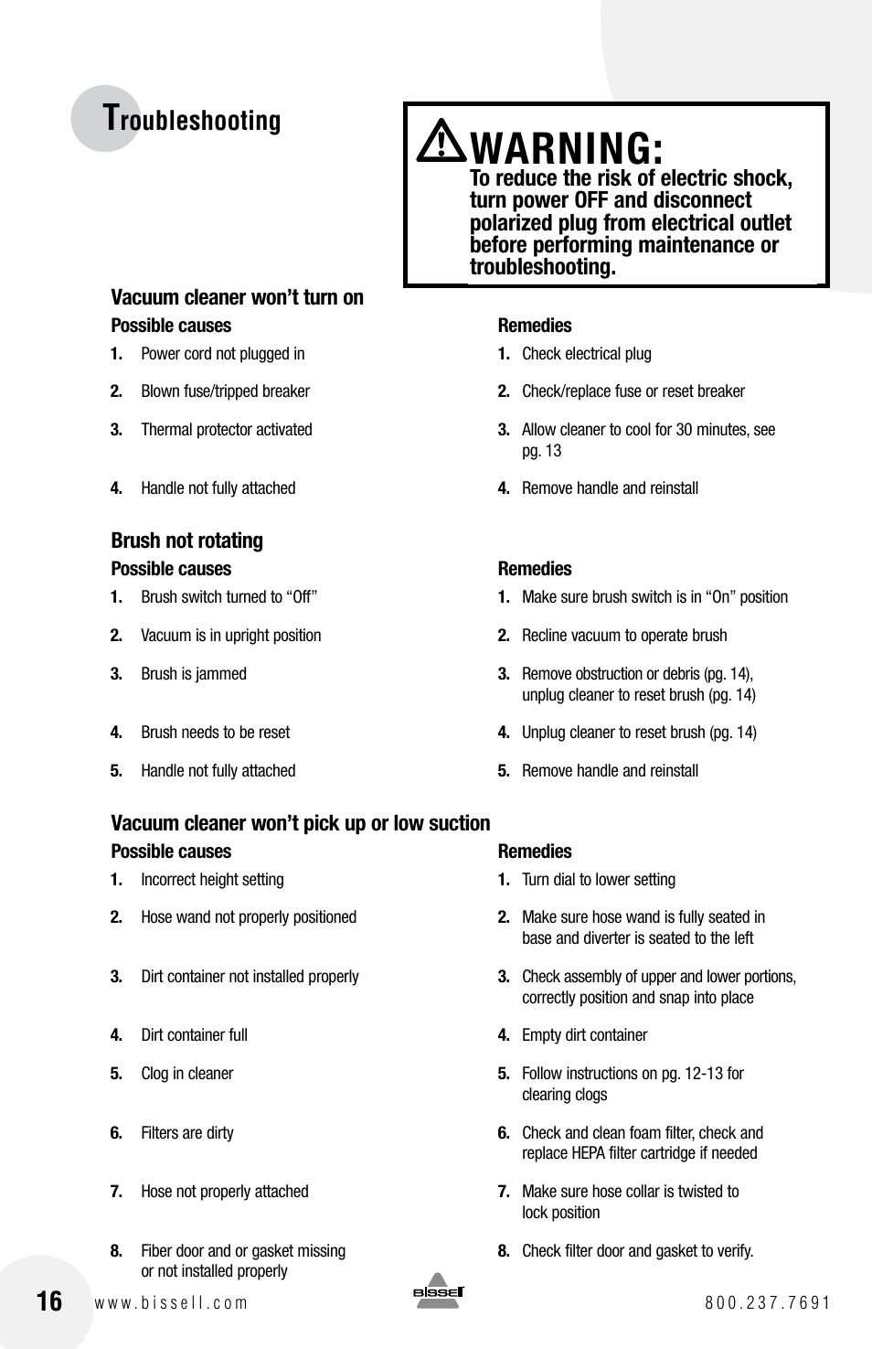 Warning, Roubleshooting | Bissell 16N5 User Manual | Page 16 / 20