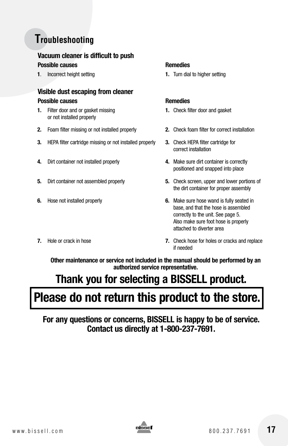 Please do not return this product to the store, Roubleshooting 17 | Bissell 16N5 User Manual | Page 17 / 20