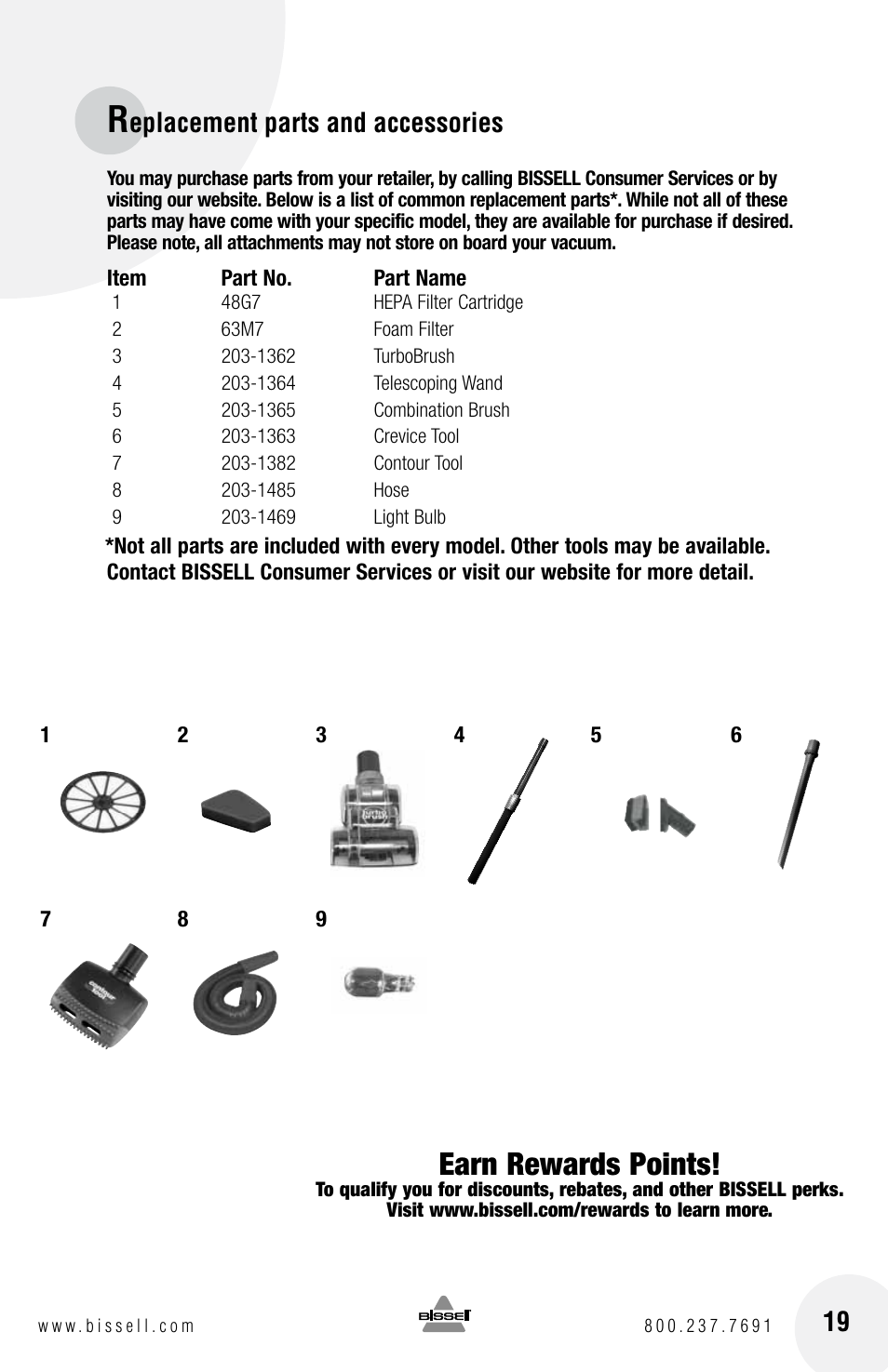 Earn rewards points, Eplacement parts and accessories | Bissell 16N5 User Manual | Page 19 / 20