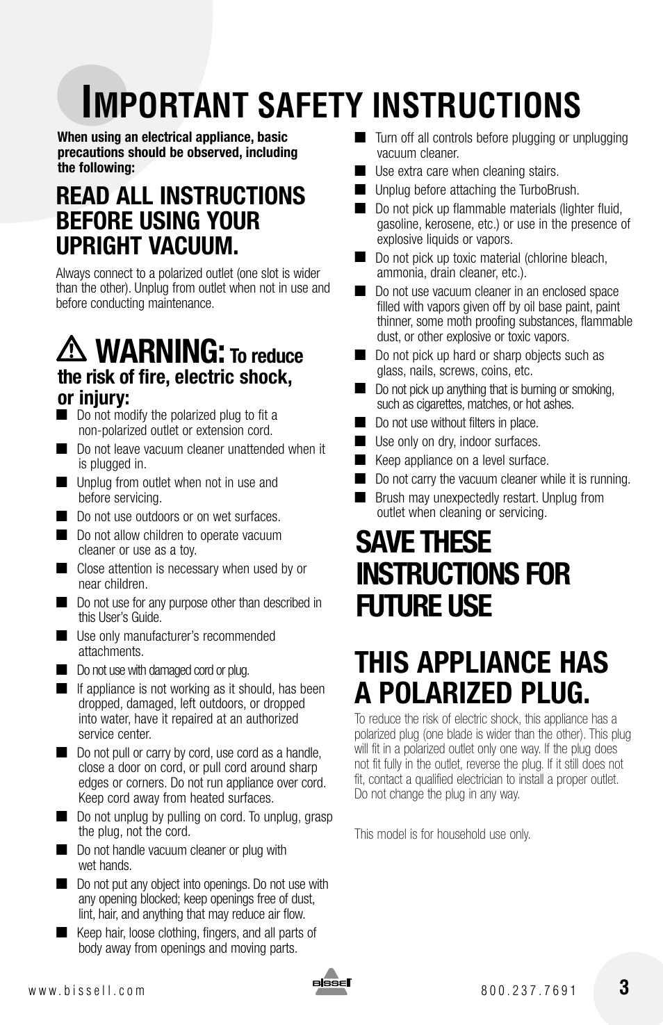 Mportant safety instructions, Warning, Save these instructions for future use | This appliance has a polarized plug | Bissell 16N5 User Manual | Page 3 / 20