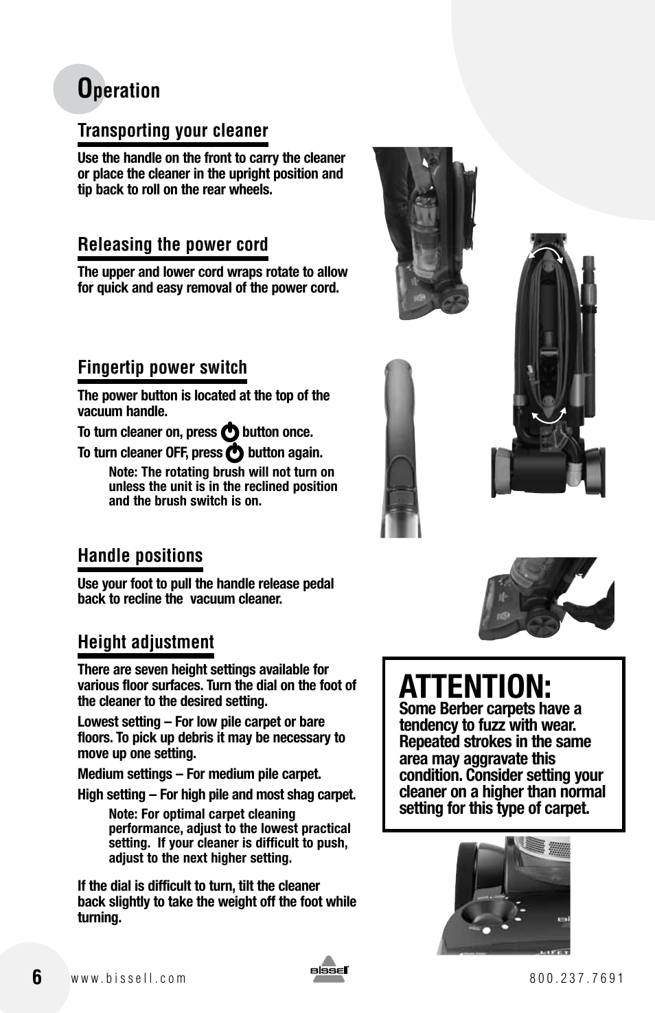 Attention, Peration 6 | Bissell 16N5 User Manual | Page 6 / 20