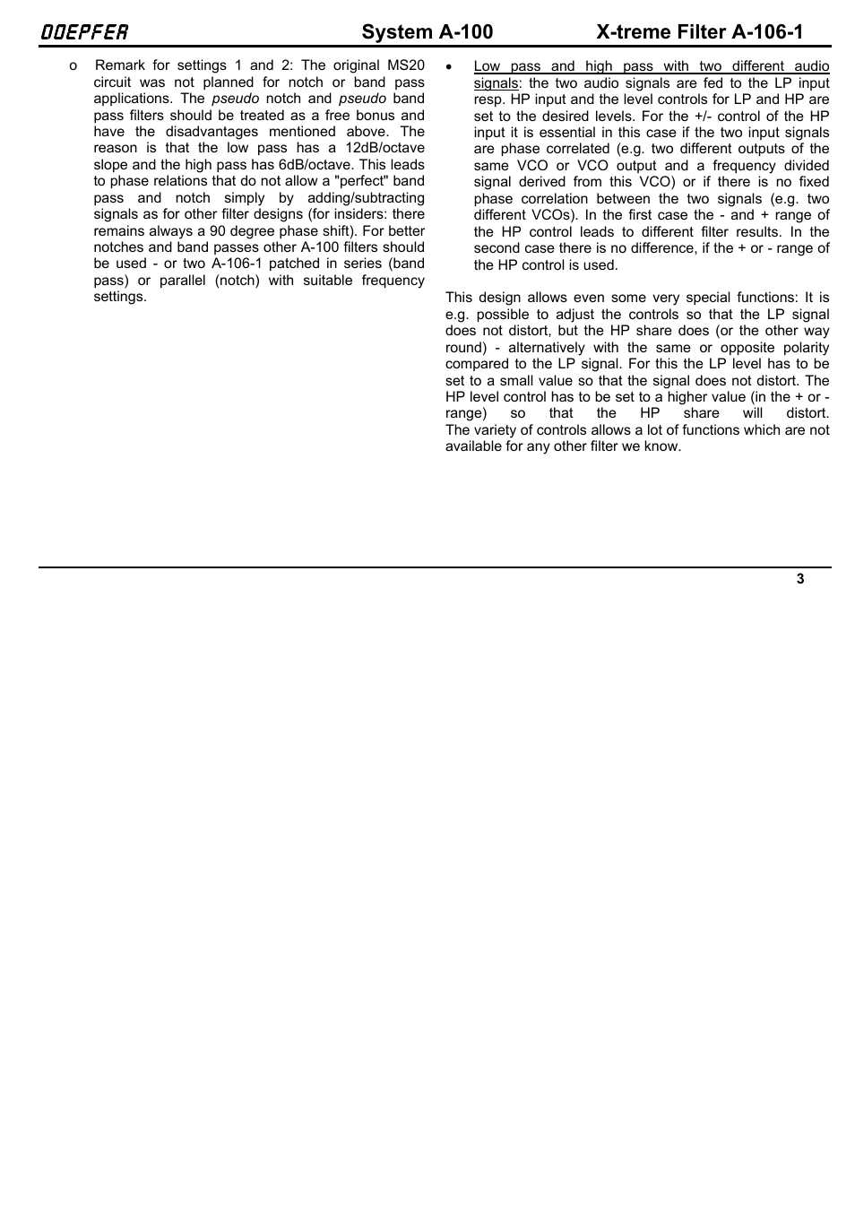 Doepfer A-106-1 Xtreme Lowpass/Highpass Filter User Manual | Page 3 / 12